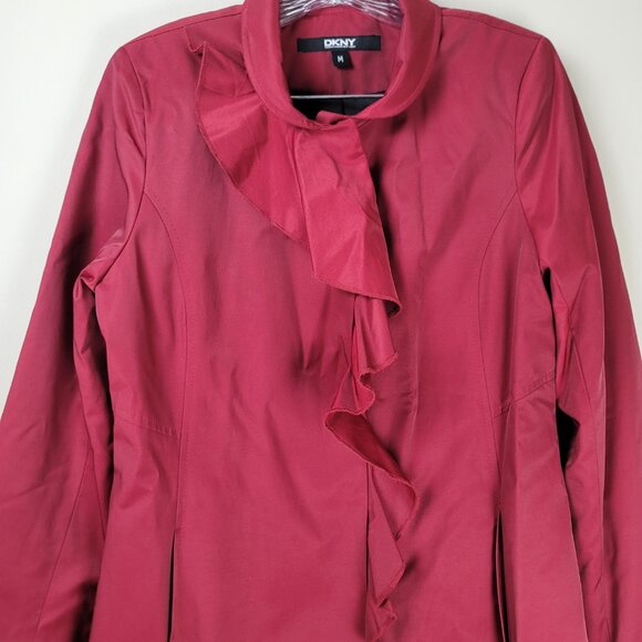 DKNY Wool Blend Trench Coat Women's Medium Red Ruffle Waterproof NWT - Picture 3 of 14